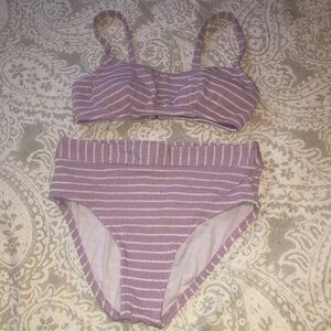 Women’s Freshwater Purple and White Striped Bikini Set with Bandeau Top